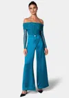 Bebe Off Shoulder Flocked Mesh Top In Deep Lagoon