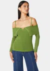 Bebe Off Shoulder Fold Over Chain Detail Sweater In Spinach Green