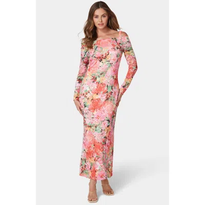 BEBE OFF SHOULDER LACE GOWN WITH LONG SLEEVES