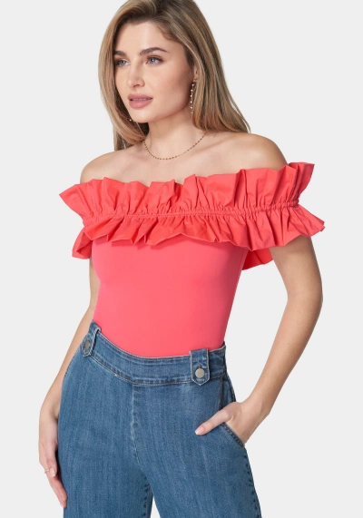 Bebe Off Shoulder Poplin Ruffle Knit Bodysuit In Hibiscus