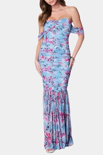 Bebe Off Shoulder Ruched Floral Mesh Gown In Blue, Women's At Urban Outfitters