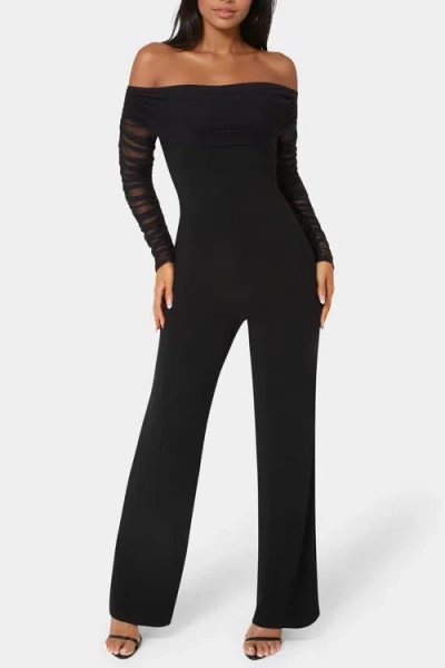 Bebe Off Shoulder Ruched Jumpsuit In Black