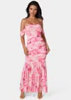 Bebe Off Shoulder Ruched Mesh Gown In Blurred Peony