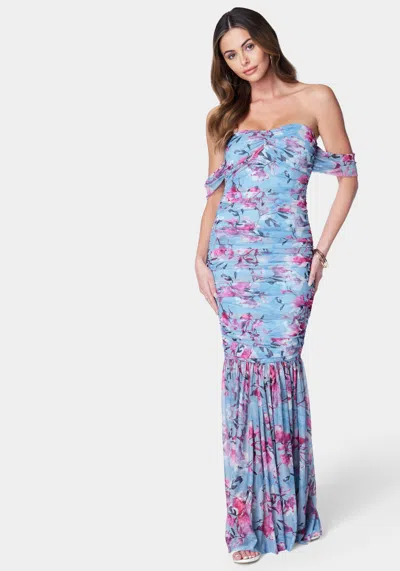 Bebe Off Shoulder Ruched Mesh Gown In Blue Multi