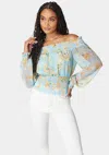 BEBE OFF SHOULDER SMOCKED CHIFFON BLOUSE