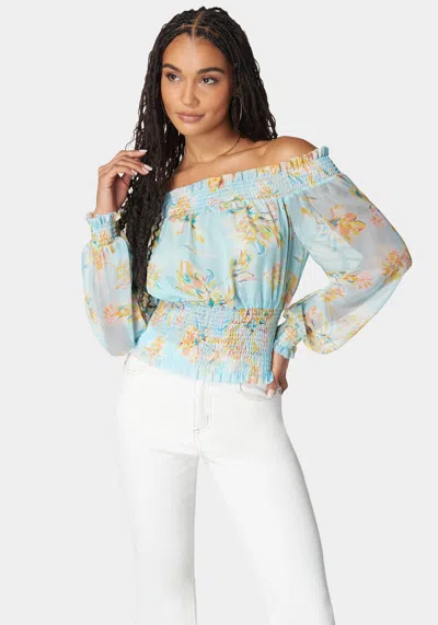 Bebe Off Shoulder Smocked Chiffon Blouse In Bali Blooms Print