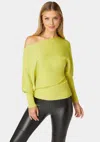 Bebe Off Shoulder Studded Dolman Sleeve Sweater In Cyber Lime