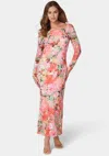 Bebe Off Shoulder Lace Gown With Long Sleeves In Pink Multi