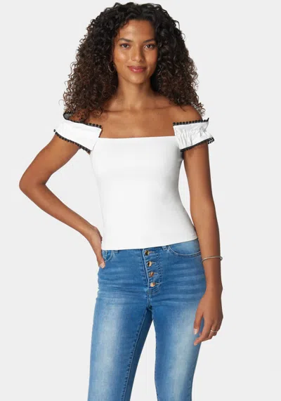 Bebe Off Shoulder Trim Detail Knit Top In White Alyssum