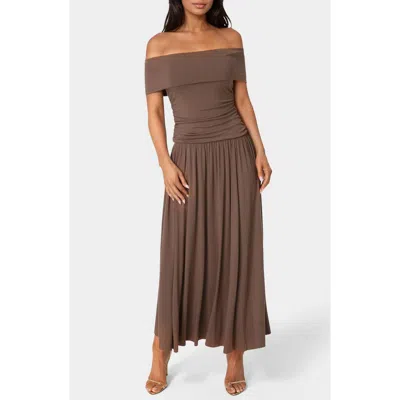 Bebe Off The Shoulder Drop Waist Maxi Dress In Brown