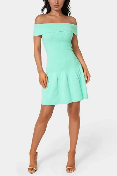 Bebe Off The Shoulder Fit And Flare Mini Dress In Turquois, Women's At Urban Outfitters In Green