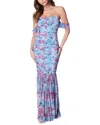 Bebe Off Shoulder Ruched Mesh Gown In Blue