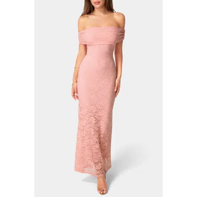 Bebe Off-the-shoulder Lace Maxi Dress In Pink