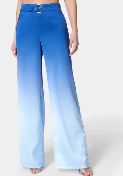 Bebe Ombre Satin High Waist Belted Palazzo Pant In Galactic Cobalt,chambray Blue