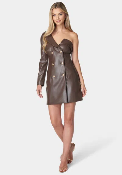 Bebe One Shoulder Faux Leather Blazer Dress In Chocolate