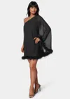 Bebe One Shoulder Feather Cape Dress In Black