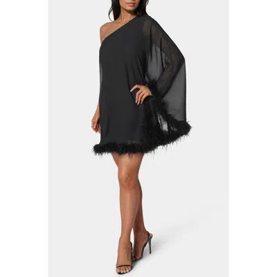 BEBE BEBE ONE SHOULDER FEATHER CAPE DRESS