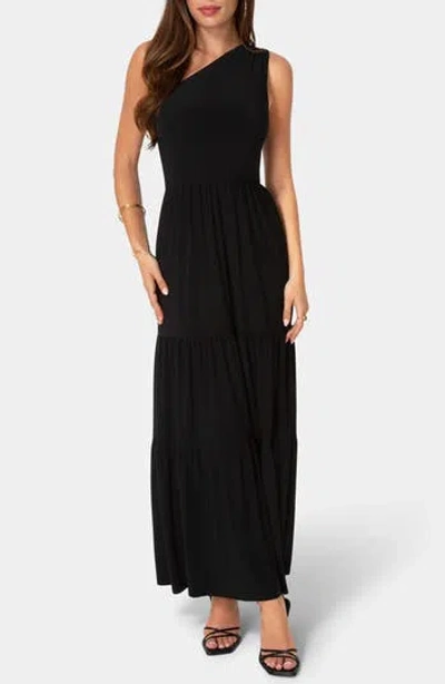 Bebe One Shoulder Tiered Maxi Dress In Black