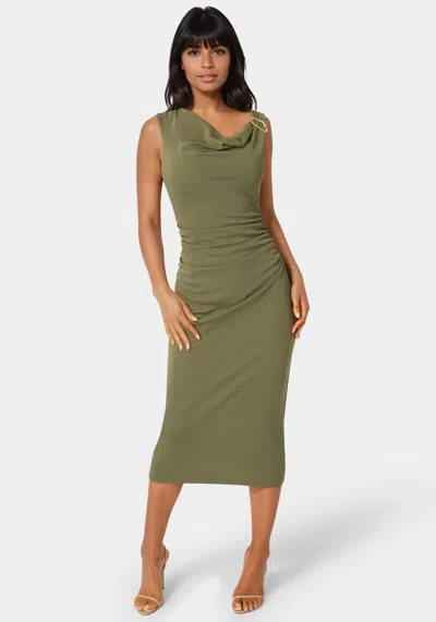 Bebe One Shoulder Trim Strap Midi Dress In Green