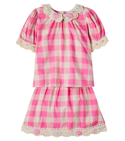 Bebe Organic Kids' Anais Checked Crochet Cotton-blend Top And Skirt Set In Pink