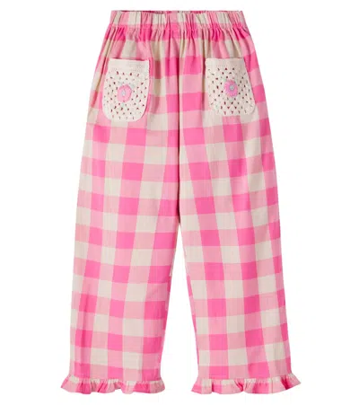 Bebe Organic Kids' Anais Checked Crochet-trimmed Cotton-blend Pants In Pink