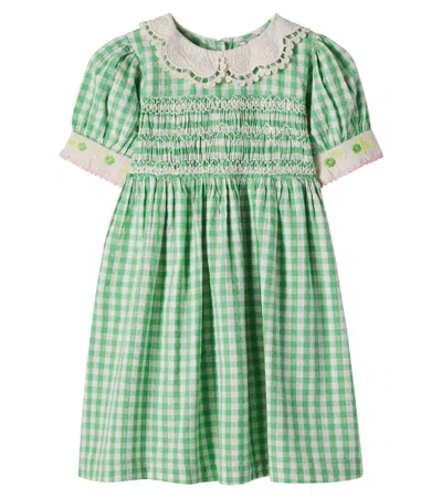Bebe Organic Kids' Tilia Checked Smocked Cotton Dress In Green
