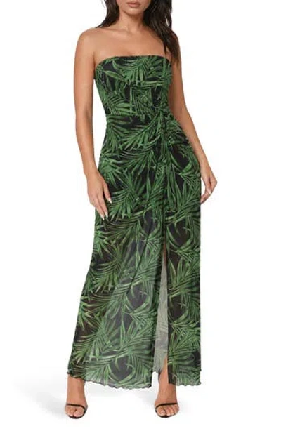 Bebe Palm Print Strapless Mesh Maxi Dress In Green
