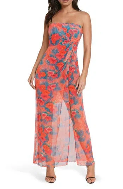 Bebe Palm Print Strapless Mesh Maxi Dress In Multi