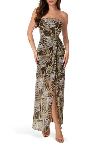 Bebe Palm Print Strapless Mesh Maxi Dress In Brown