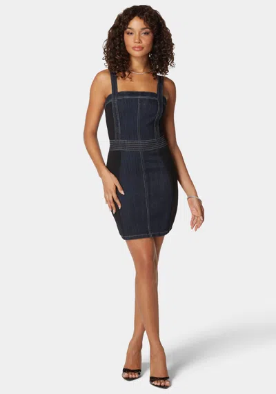 Bebe Pdr Combo Fitted Denim Dress In Indigo Blue Wash,black
