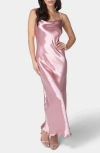 Bebe Hammered Satin Cowl Neck Pearl Strap Maxi Dress In Pink