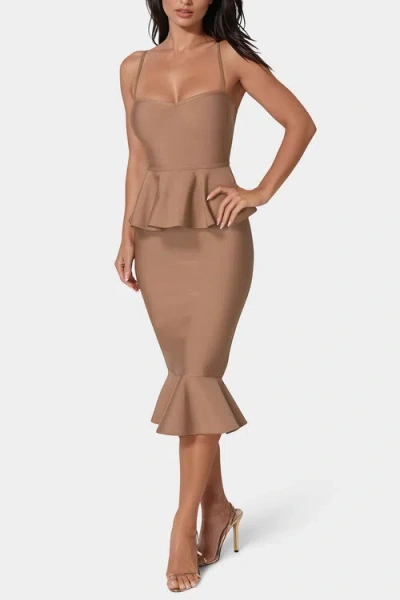 Bebe Peplum Bandage Midi Cocktail Dress In Brown
