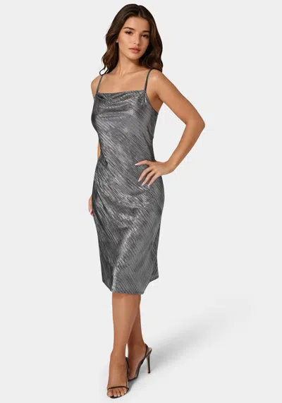 Bebe Metallic Dulce Pleat Midi Dress In Black,silver