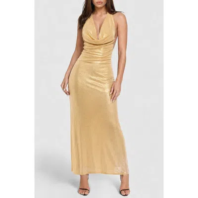 Bebe Plunge Metallic Halter Midi Dress In Gold