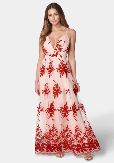 Bebe Plunge Neck Embroidered Maxi Dress In Pink