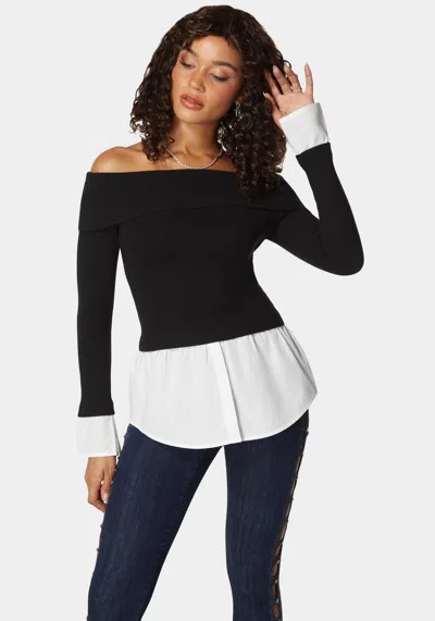 Bebe Poplin Combo Fold Over Off Shoulder Sweater Top In Black,white Alyssum
