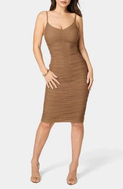 Bebe Powermesh Ruched Body-con Dress In Brown
