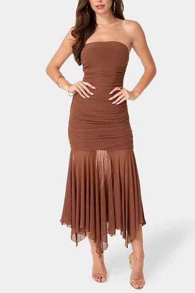 Bebe Strapless Handkerchief Hem Powermesh Dress In Blue