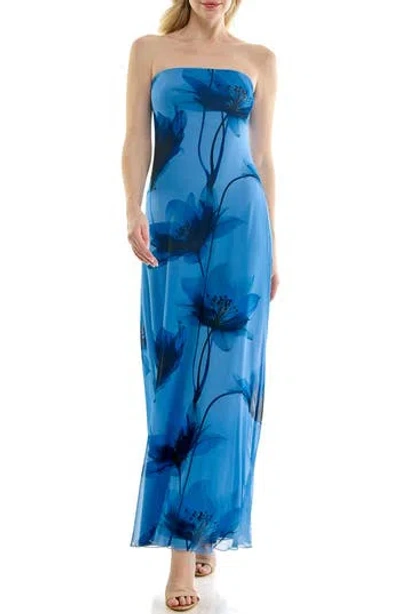 Bebe Print Mesh Maxi Dress In Blue