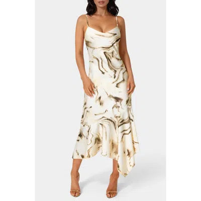 Bebe Print Satin Handkerchief Midi Dress In Multi