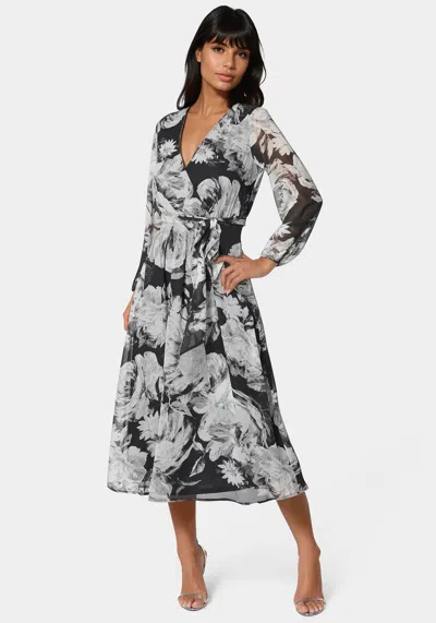 Bebe Surplice Chiffon Midi Dress In Black,white