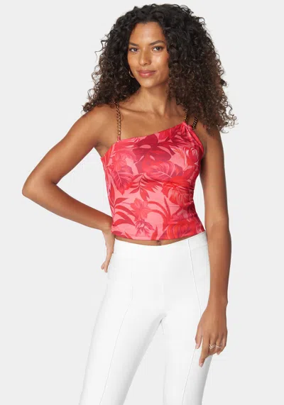 Bebe Printed Asymmetric Chain Knit Top In Raspberry Tropics Print