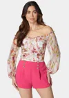 Bebe Printed Chiffon Cold Shoulder Ruched Top In Rainbow Fusion Print