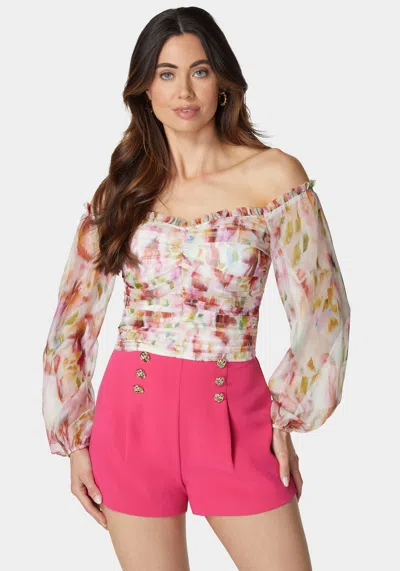 Bebe Printed Chiffon Cold Shoulder Ruched Top In Rainbow Fusion Print