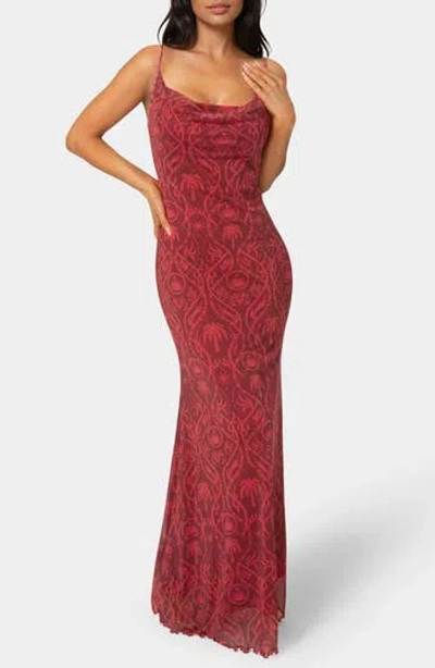 Bebe Printed Mesh Cowl Midi Dress In Burgundy