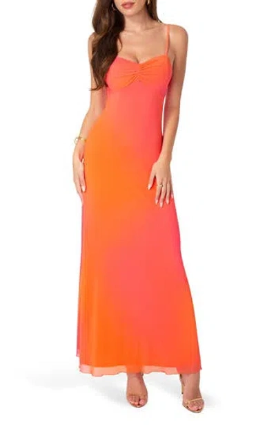 Bebe Printed Mesh Drape Back Maxi Dress In Orange