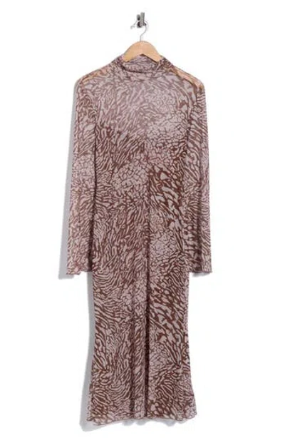 Bebe Printed Mesh Long Sleeve Dress In Brown