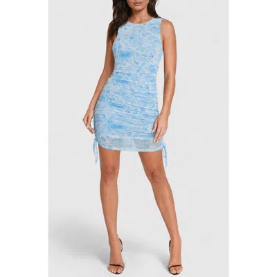 Bebe Printed Mesh Sleeveless Shirred Minidress In Blue