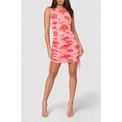 Bebe Printed Mesh Sleeveless Shirred Minidress In Pink