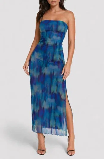 Bebe Printed Mesh Strapless Maxi Dress In Blue Multi